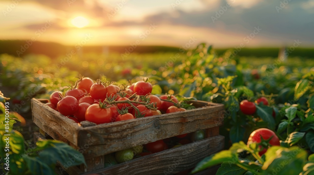 Various kinds of vegetables harvested in a wooden box in a field with sunset Natural organic fruit abundance Agriculture healthy and natural food Various kinds of vegetables harvested in a wooden box in a field with sunset Natural organic fruit abundance Agriculture healthy and natural food