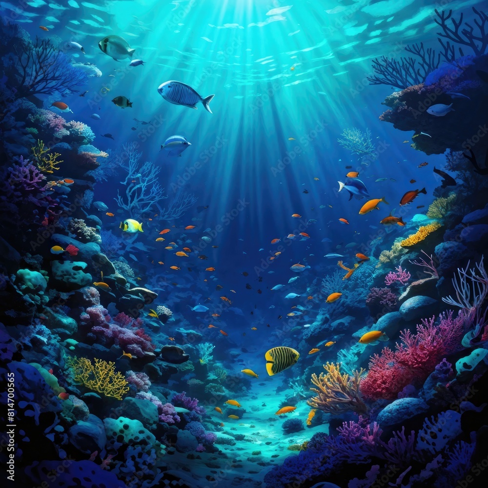Fototapeta premium Vibrant Coral Reef Teeming with Marine Life Under Sunlight
