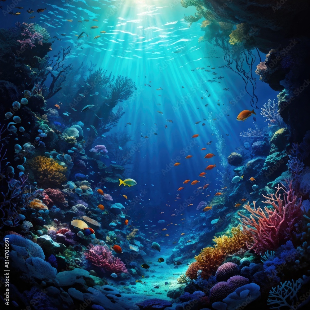 Vibrant Coral Reef Teeming with Marine Life Under Sunlight Vibrant Coral Reef Teeming with Marine Life Under Sunlight