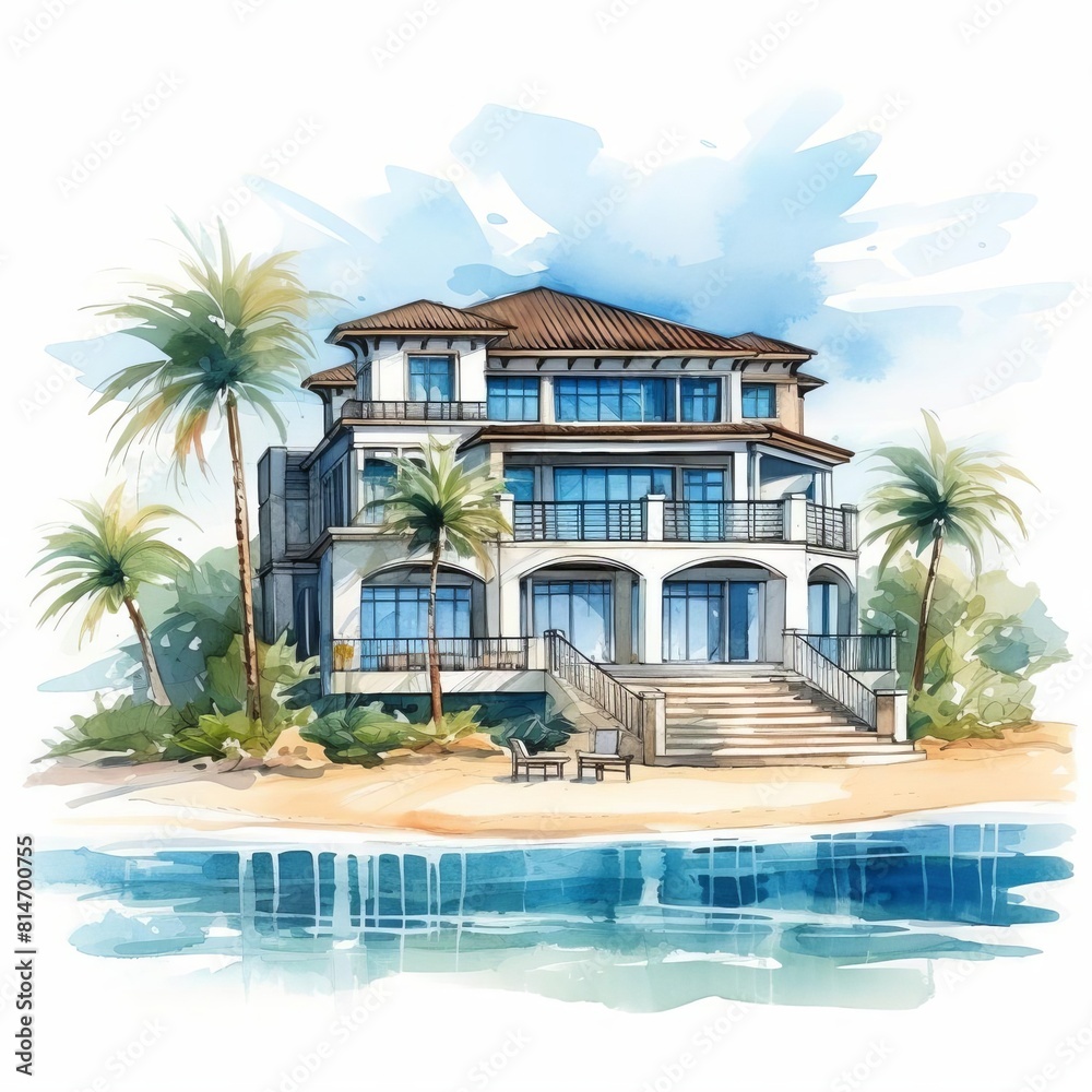 Luxury beachfront villa flat design front view serene vacation spot theme water color Tetradic color scheme