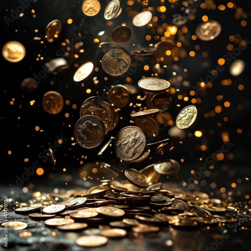 Golden Coins Exploding in Mid-Air with Sparkling Background