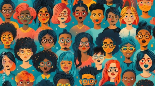 People of different races and ethnicities with different hairstyles wearing glasses looking at the camera with mouths open in shock or surprise on blue background. photo