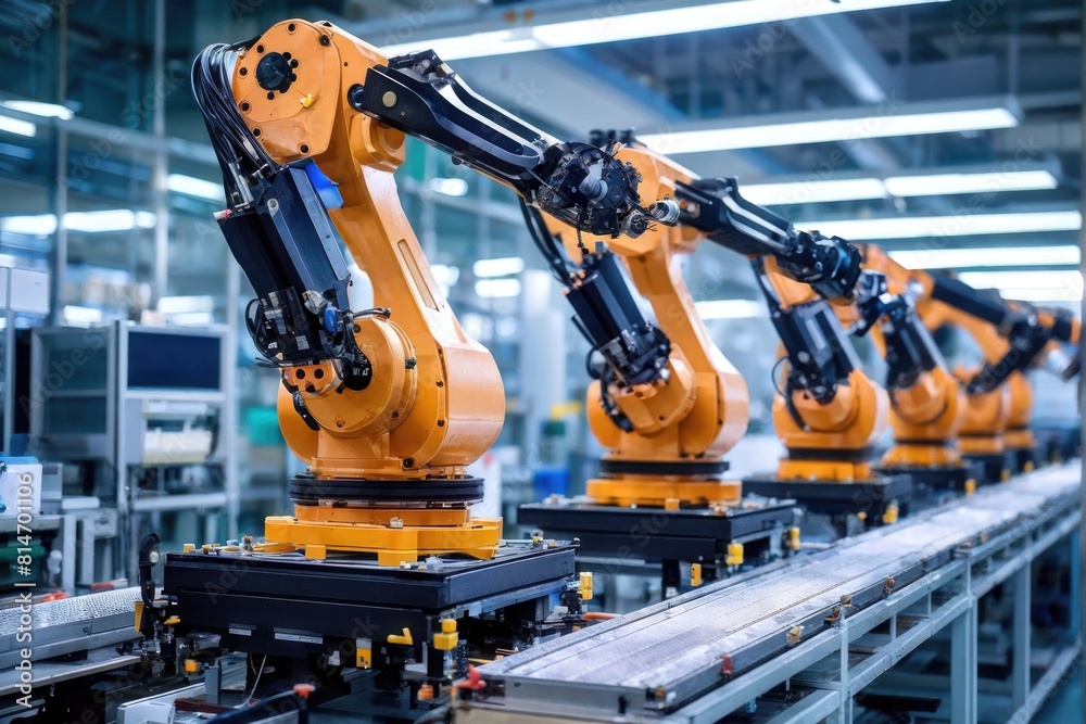 Robot Arms on Fully Automated Line Inside Modern Electronics Factory Robot Arms on Fully Automated Line Inside Modern Electronics Factory
