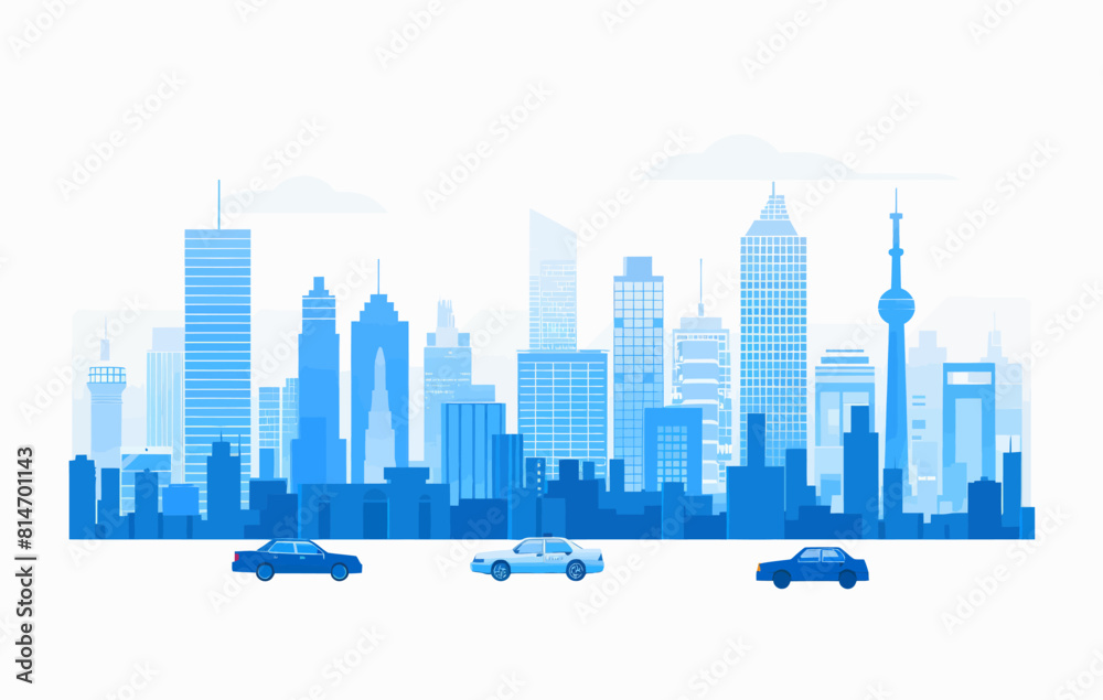 a city skyline with cars driving in front of it