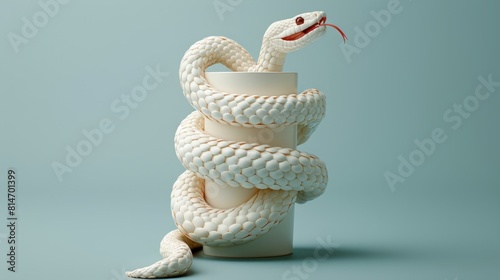 Snake wrapped around a white column, its head raised and facing the viewer with a menacing expression photo