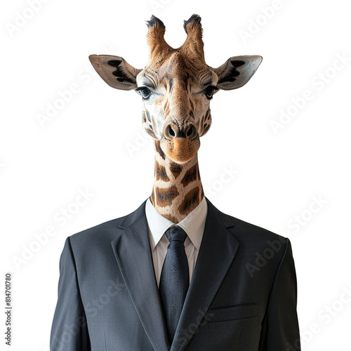 A giraffe wearing a suit and tie.