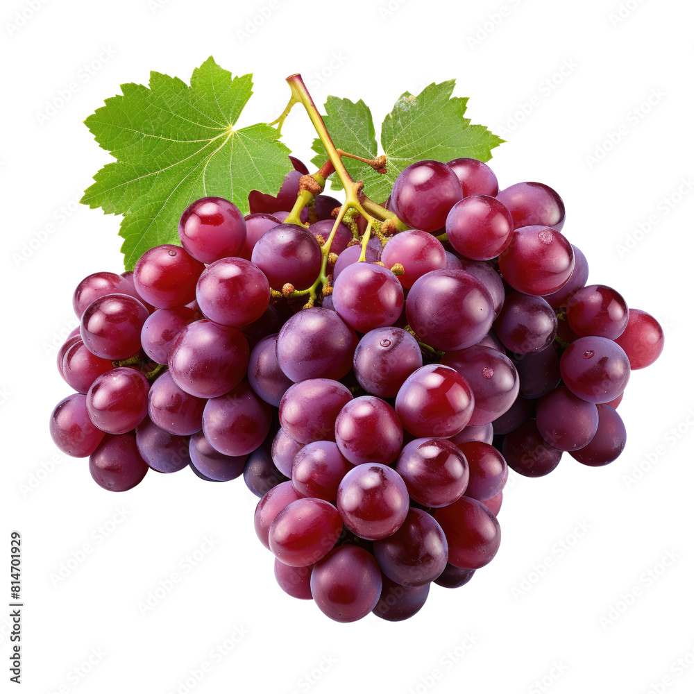 Fototapeta premium A photo of a bunch of purple grapes with green leaves. transparent background 