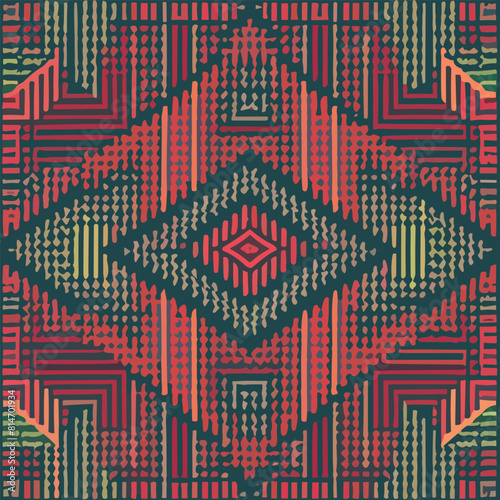 Seamless pattern in patchwork style. Embroidered print for carpet, textile, wallpaper, wrapping paper. Ethnic and tribal motifs. Handwork. Vector illustration.