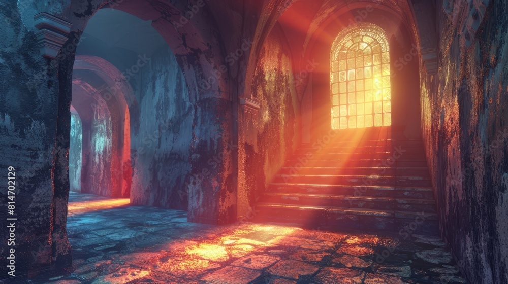 The dark hallway is lit by a single ray of light shining through a stained glass window. The dark hallway is lit by a single ray of light shining through a stained glass window.
