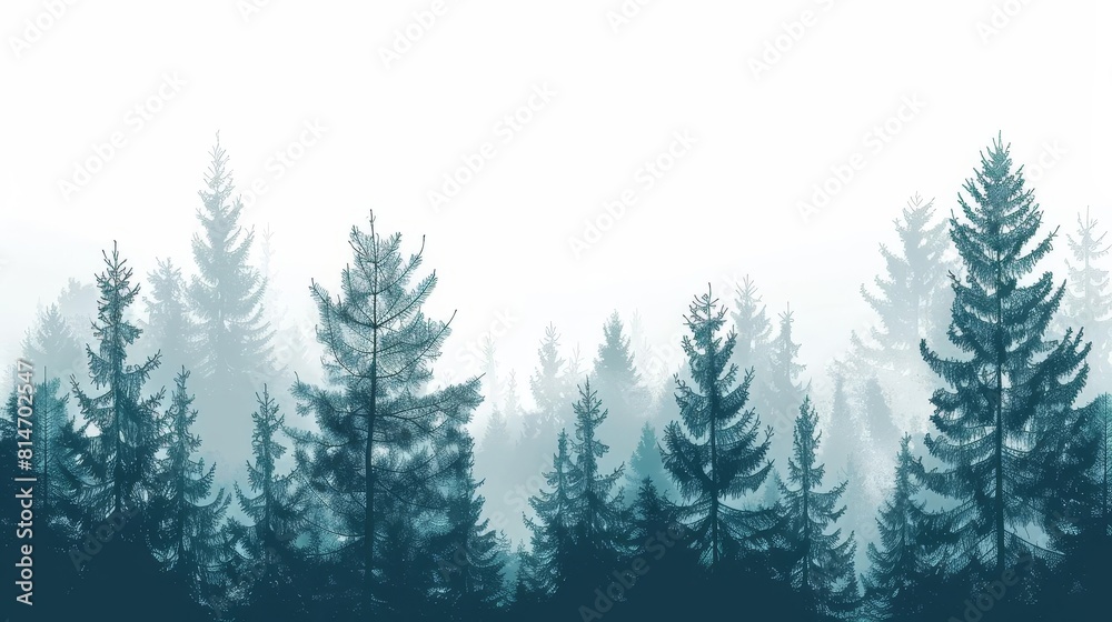 Create a watercolor painting of a misty pine forest. The trees should be dark green and the background should be a light blue. The painting should be in a realistic style.