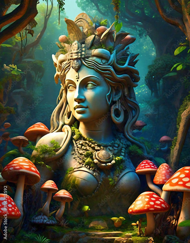 Fototapeta premium Fantasy landscape with a giant statue of a female deity among the mushrooms and trees