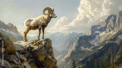 bighorn sheep  standing on mountain cliff with trees and mountains in the background photo