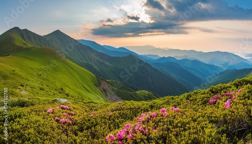 panoramic scene blooming pink rhododendrons flowers amazing panoramic nature scenery