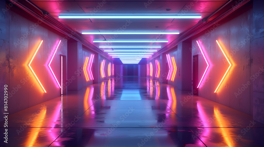 Hallway room interior with neon arrow light on walls and reflections on floor. Realistic 3d background with path and luminous lamps. Abstract futuristic bg with perspective electric glow tunnel. Hallway room interior with neon arrow light on walls and reflections on floor. Realistic 3d background with path and luminous lamps. Abstract futuristic bg with perspective electric glow tunnel.