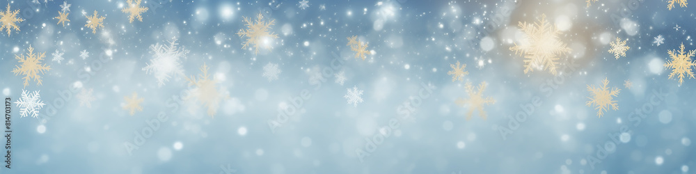 light blue winter background with blurred white snowflakes, long narrow panoramic view, watercolor Christmas greeting form light blue winter background with blurred white snowflakes, long narrow panoramic view, watercolor Christmas greeting form