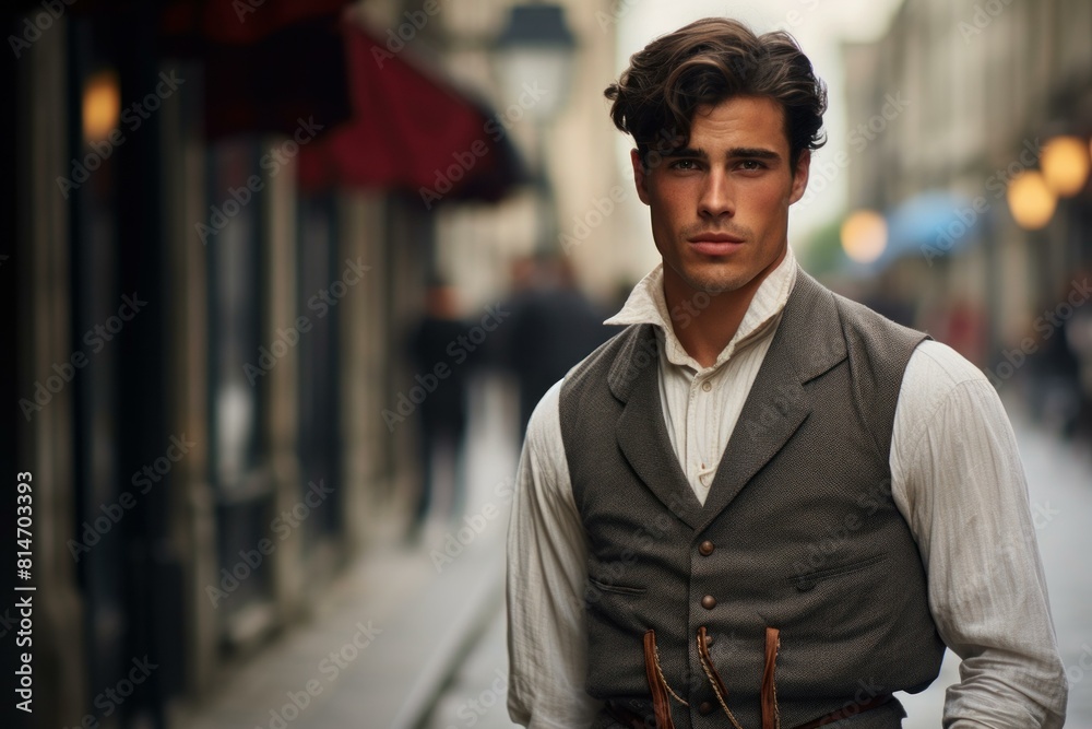 Stylish young man in a retro waistcoat poses confidently outdoors Stylish young man in a retro waistcoat poses confidently outdoors