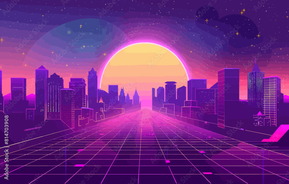 a futuristic cityscape with a sunset in the background