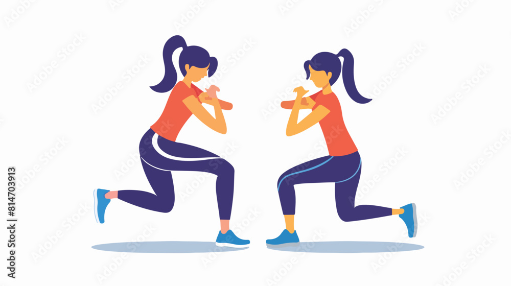 Mother and daughter doing squat exercise together.