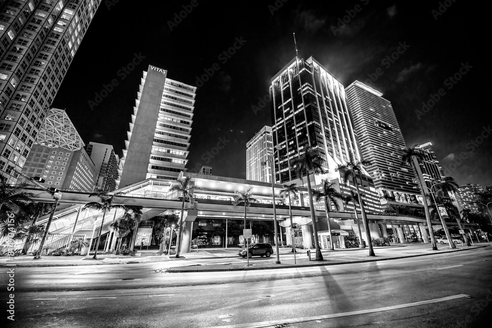 Miami, FL - February 23, 2016: City lights and Downtown Miami Skyscrapers
