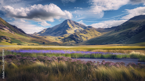 Majestic mountain landscape with blooming wildflowers