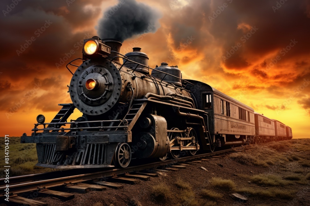 Fototapeta premium Classic steam locomotive pulls passenger cars through countryside at dusk with vibrant sky