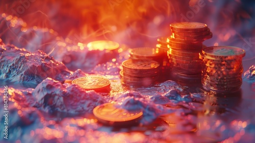 pile of gold coins sitting on a bed of hot coals. The coins are glowing from the heat and the background is a fiery orange color.