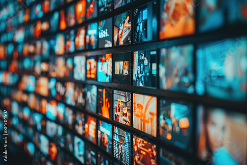 A wall of digital screens displaying various media content, representing the wide range and diversity in video marketing solutions. photo