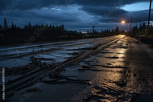 Wallpaper Mural Wet surfaces reflect street lights on a muddy rural road after dusk Torontodigital.ca