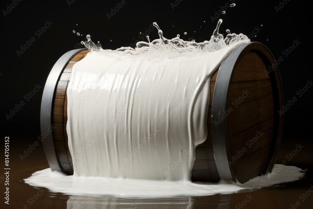 High-speed capture of milk overflowing from a vintage wooden barrel against a dark background High-speed capture of milk overflowing from a vintage wooden barrel against a dark background