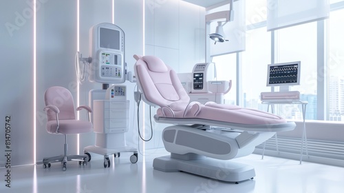 modern medical clinic with a pink patient chair and state-of-the-art medical equipment