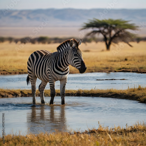 zebra in the savannah at a watering hole