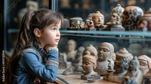 Young girl gazing at ancient artifacts in a museum exhibit.