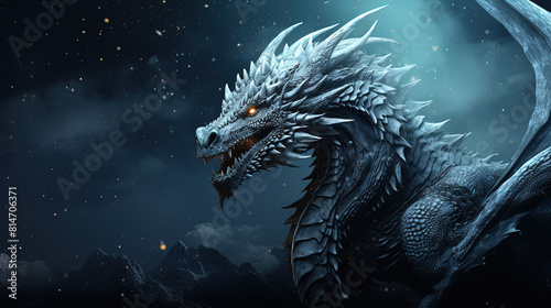 Blue dragon in the night. Cinematic wallpaper.
