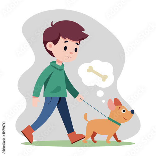 Boy taking his dog for a walk outdoors in nature