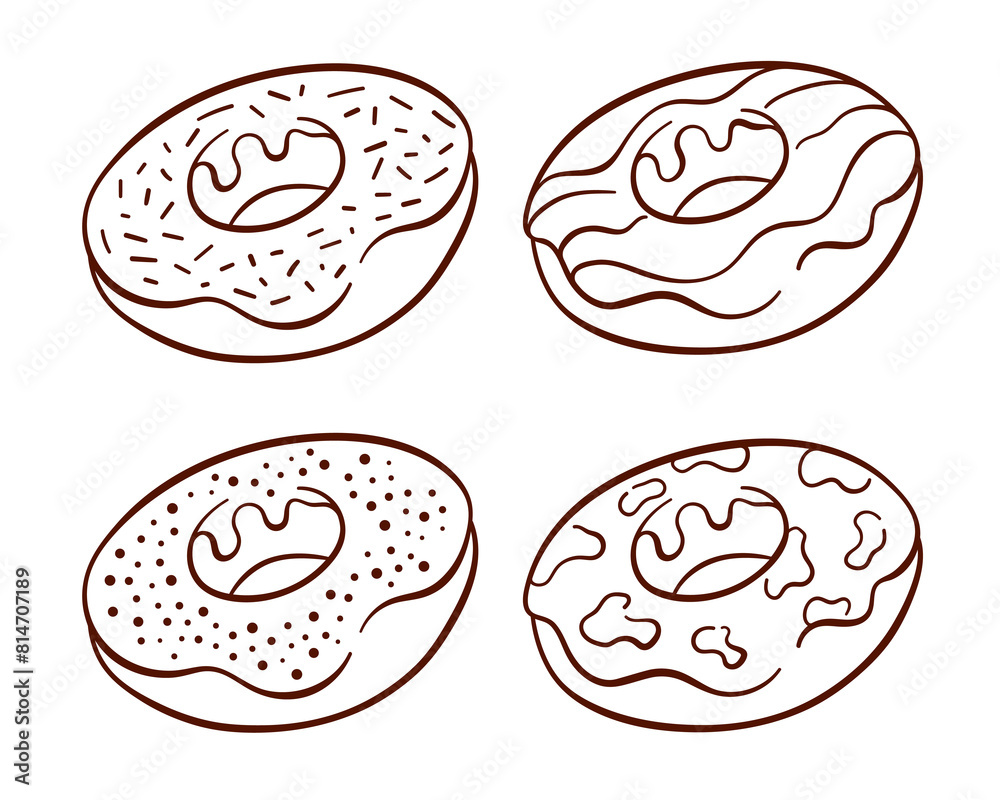 Donut collection in line art style. Set of sweets for bakery design. Vector illustration isolated on a white background. Donut collection in line art style. Set of sweets for bakery design. Vector illustration isolated on a white background.