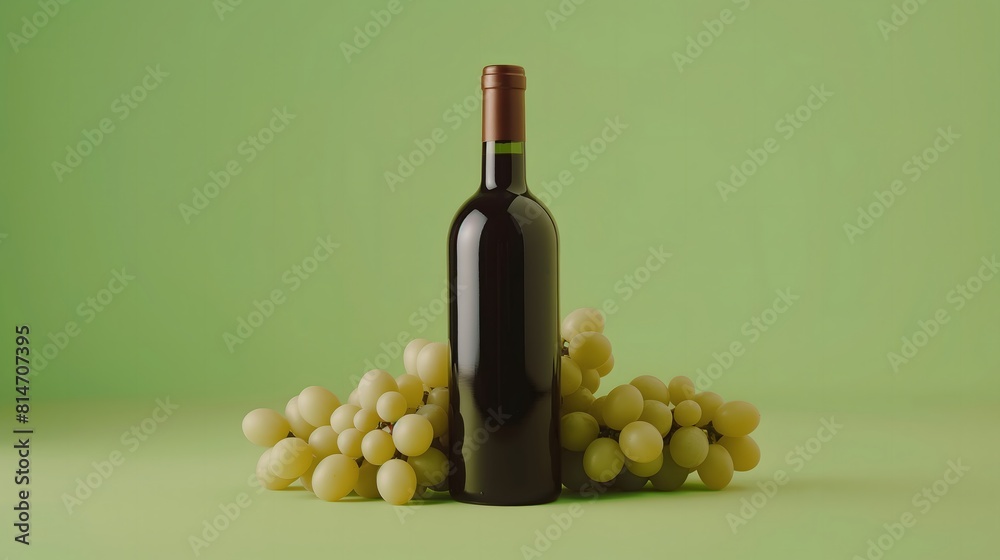 Obraz premium Wine bottle with green grapes on a green background