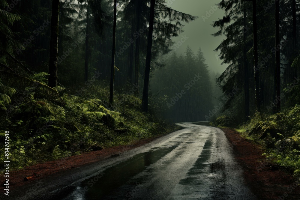 A wet, winding road surrounded by foggy, dense forest trees A wet, winding road surrounded by foggy, dense forest trees