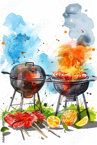 Watercolor artwork depicting a BBQ grill with fire beneath it, surrounded by skewers cooking food outdoors