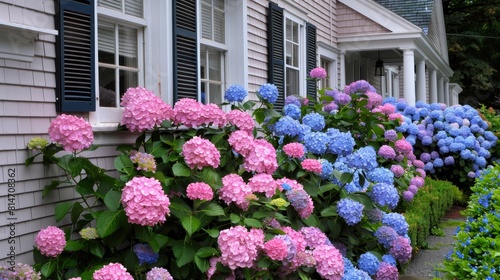 Lush hydrangea bushes in front of a house, perfect for gardening and real estate promotions.