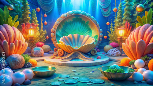 The props set up an underwater scene with pearl shells as a beautiful background.