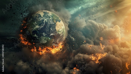 Fototapeta Naklejka Na Ścianę i Meble -  A dramatic illustration of planet earth in the midst of exploding due to the impact of climate change, fire, smoke and clouds