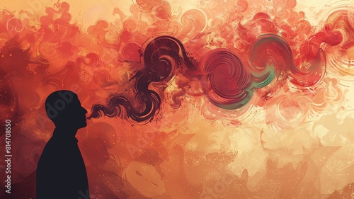 An abstract vector illustration of an interpenetration of cultural feedback. A silhouette of a man with a flurry of mist coming from his mouth, red and orange ambience photo