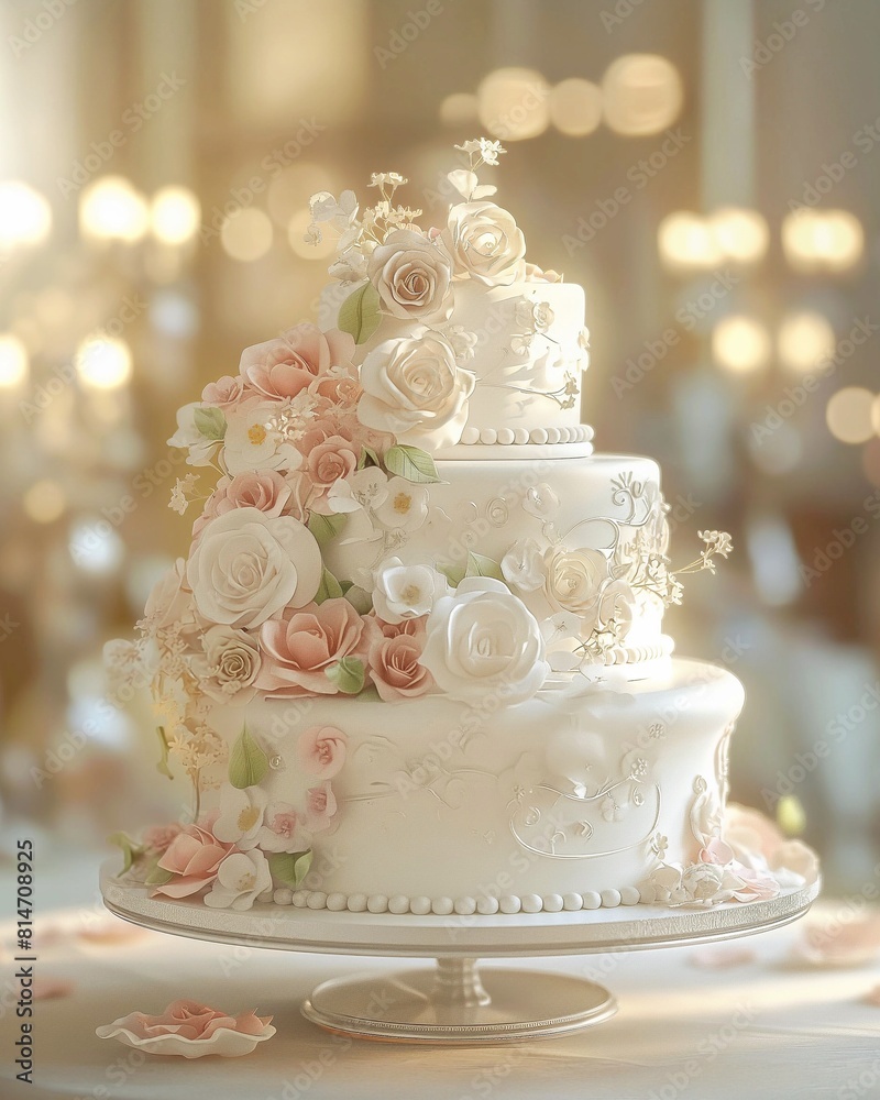A beautiful wedding cake decorated with white vanilla cream and fresh flowers. 3D rendering.