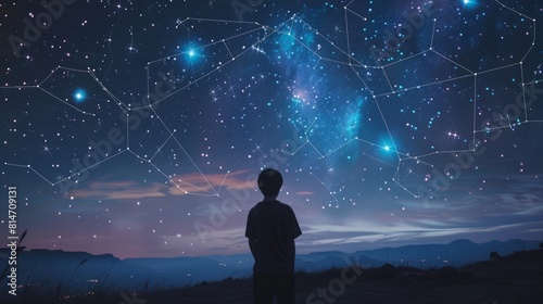 A young boy looks up at the night sky filled with stars, pondering the vastness of the universe.