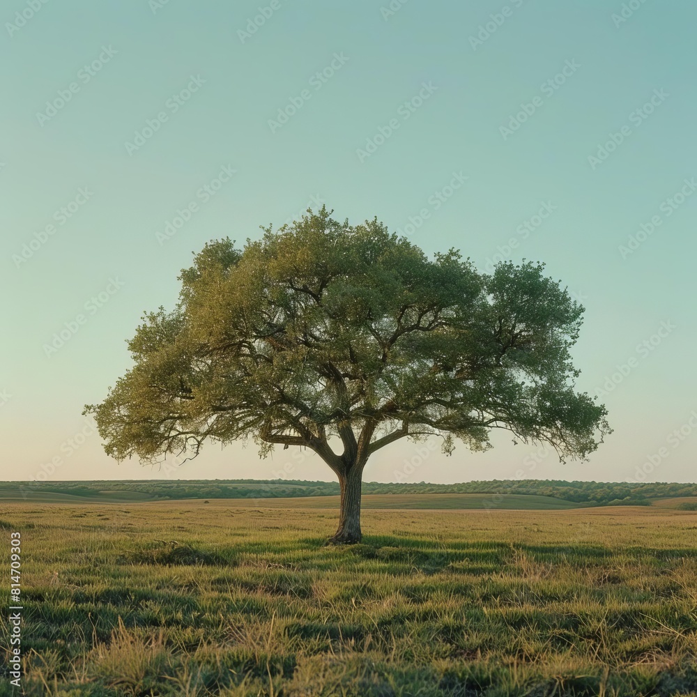 A large, solitary oak tree stands in the middle of a vast, grassy field
