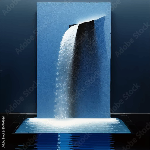 Vector business concept illustration with business people standing and watching at big great finance waterfall with money signs and symbols on blue background. Wealth, success, team work metaphor.