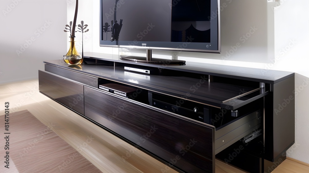 A sleek entertainment center with hidden storage and clean lines A sleek entertainment center with hidden storage and clean lines