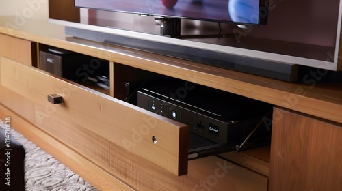 A sleek entertainment center with hidden storage and clean lines