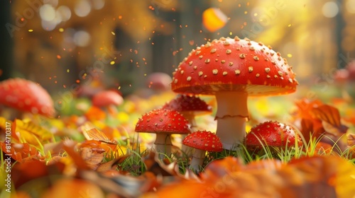 Red and white toadstools in a forest with a blurred background of yellow and orange leaves