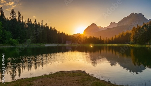 sunset in the mountains at a calm lake a serene mountain lake at sunrise